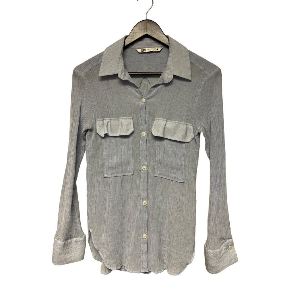 Zara Blue Button Front Collared Viscose Blend Long Sleeve Blouse Women's Medium